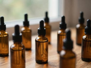 Close-up of amber glass dropper bottles on a warm wood surface, soft natural window light, shallow depth of field, earthy green and sand tones