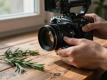 Close-up of hands adjusting a manual focus ring on a cinema camera, soft Scandinavian window light casting long shadows on a rustic wooden table with fresh rosemary sprigs.