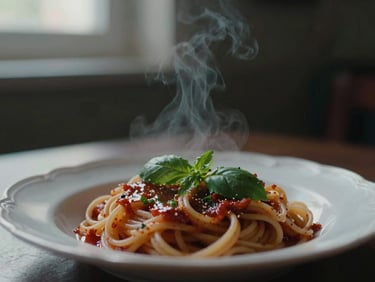 Close-up of steam rising from a freshly plated pasta dish, dark moody background, soft Scandinavian daylight, 35mm film