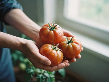 Hands in soil holding freshly harvested heirloom tomatoes, soft natural morning light, rustic agricultural setting, 35mm film