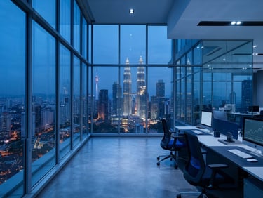Sleek modern office high-rise overlooking Kuala Lumpur skyline, twilight, cool blue tones, sharp architectural focus