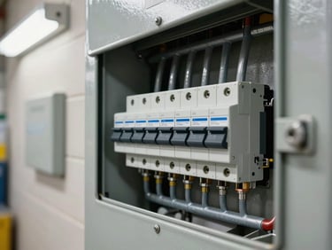 Close-up detail shot of commercial electrical panel installation in a retail back-of-house corridor, breakers labeled and torqued, conduit runs parallel and level, metal junction boxes mounted flush to concrete block wall, even north-facing fluorescent light, no safety violations, all covers fitted