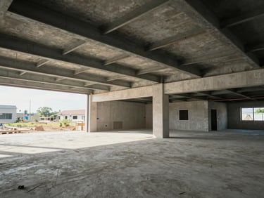Wide environmental shot of a completed commercial new-build interior shell, structural steel beams visible overhead, concrete slab floor level and clean, natural daylight from open facade, no workers, no clutter