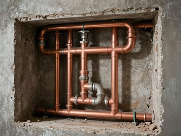 Commercial plumbing rough-in detail inside an open wall cavity, copper and PVC supply lines neatly routed and strapped, studio lighting casting even shadows, no workers in frame