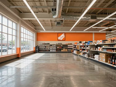 Wide shot of a completed retail storefront interior — Home Depot-style orange overhead signage visible in the background, electrical conduit runs neatly installed along ceiling, polished concrete floor, no workers, natural daylight from exterior windows, straight-on framing showing the finished aisle environment
