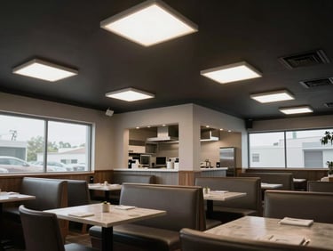 Completed restaurant dining room interior, recessed LED luminaires installed flush in a dark ceiling, booth seating visible in the foreground, open kitchen pass-through in background, clean hard surfaces, overcast natural light from front-of-house windows, no diners, wide environmental framing showing the full room depth