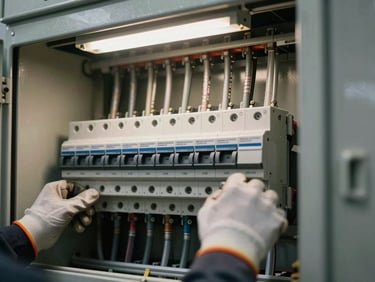 Close-up detail of a commercial electrical panel installation in progress, conduit runs neatly organized, breakers labeled, technician hands visible in safety gloves, even fluorescent work lighting
