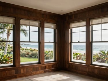 architectural interior photography of a morning room in Sawgrass, deep espresso wood wall panels, large windows framing coastal greenery, natural light, 35mm lens, sharp focus