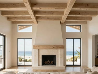 straight-on architectural interior of a soaring living room in Marsh Landing, white oak beams meeting a warm travertine fireplace, soft daylight, high-end editorial, sharp focus