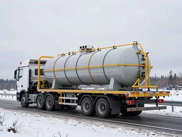 High-contrast overcast daylight shot of a specialized multi-axle flatbed transport truck navigating a snow-dusted northern highway, carrying a massive industrial pressure vessel wrapped in protective transit rigging.