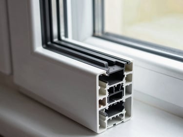 Cross-section of a uPVC window frame with newly installed black rubber seals, high-contrast technical details, sharp focus