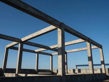 Structural steel framing erected against a high-contrast sky, harsh afternoon sun casting sharp shadows.