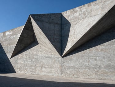 Poured concrete foundation wall with raw texture, sharp geometric lines, dramatic shadows.