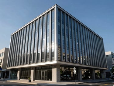 Completed modern commercial facade with clean glass and steel lines reflecting harsh sunlight.