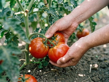 Hands harvesting heirloom tomatoes in a sunlit field, rich soil, soft natural overcast daylight, 35mm