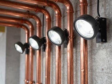 Close-up of copper pipes neatly aligned on a concrete wall, bright focused work lamps, industrial feel