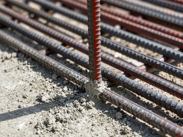 Extreme close-up of freshly poured concrete settling around steel reinforcement bars, hard direct sunlight, high contrast