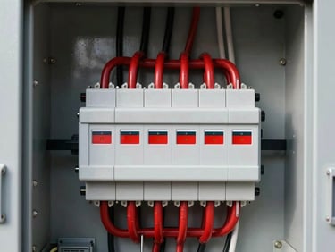 Close-up of industrial electrical cabinet, structured wiring, red accents, sharp focus