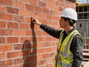 A construction manager in dirty high-visibility gear pointing at a brick wall on an active site, 35mm lens