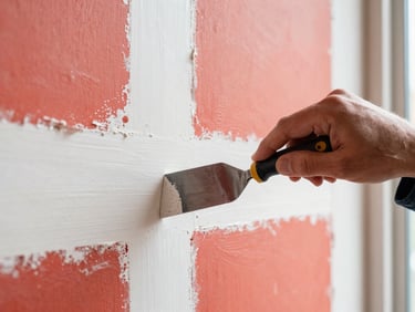 Close-up of a professional hand applying joint compound to a drywall patch with a steel putty knife, bright indoor task lighting, crisp details, 35mm
