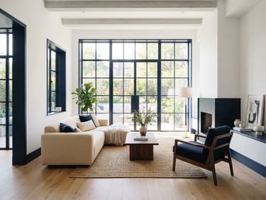 Architectural photograph of a modern minimalist living room with pristine white walls, sharp navy trim, flooded with bright natural daylight, 35mm lens.
