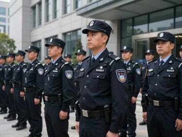 Structured, professional security personnel in uniform standing in formation outside a corporate headquarters building.