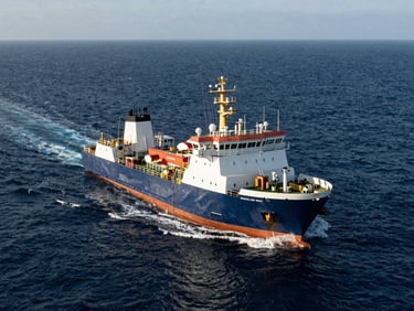 Wide-angle environmental view of an offshore support vessel navigating deep ocean waters under high-contrast natural light.