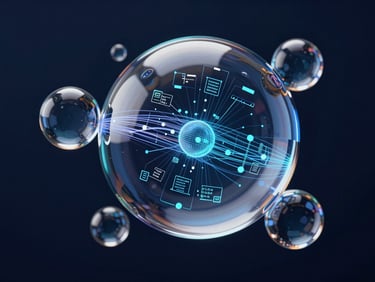 Abstract 3D rendering of glass spheres and data flows representing a learning management system, dark navy background