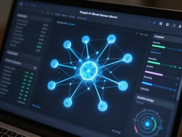 Tight macro shot of a dark-mode custom AI dashboard interface showing neural networks, glowing electric blue data nodes, and technical telemetry charts, high contrast studio lighting.