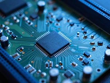 Macro shot of green motherboard circuitry with micro-soldered capacitors under cool blue light, shallow depth of field
