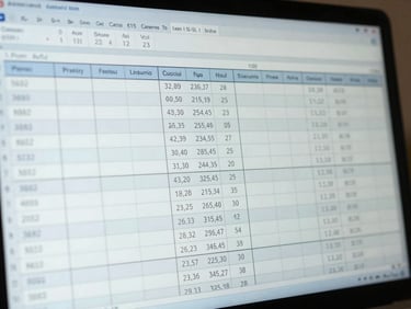 Close-up of a structured actuarial spreadsheet on a screen, showing column projections, probability calculations, clean geometric lines, professional corporate lighting