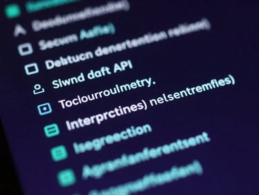 Sleek dark-mode technology photography, macro detail of a secure API transaction log on a dark screen, electric purple and teal ambient glow, sharp focus
