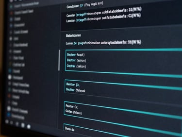 Sleek dark-mode technology photography, close-up of a high-performance database schema on a monitor, cool ambient screen glow, neon teal accent lines, sharp focus