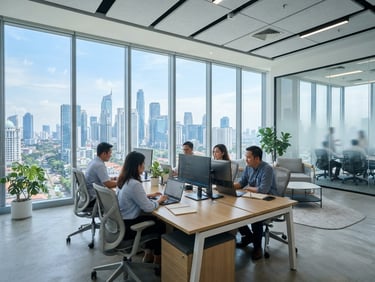 Bright modern corporate office in Jakarta, clean architectural lines, floor-to-ceiling windows, professional cool tones, sharp focus