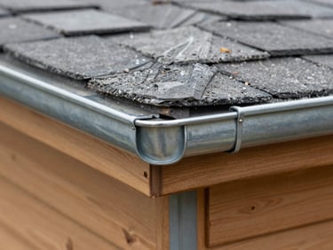 Close-up of hand-soldered zinc gutters and joints on a slate roof edge, precise craftsmanship, 35mm