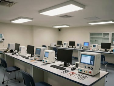 Wide shot of a healthcare training room with medical simulation equipment arranged on a counter, clinical overhead lighting, empty of people, instruments in organised positions