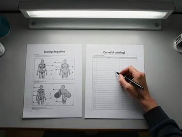 Overhead flat-lay of a medical training desk with annotated diagnostic worksheets, a pen mid-stroke on a checklist, clinical fluorescent light, no people
