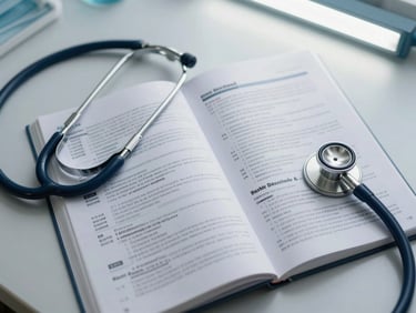 Close-up overhead flat-lay of a clinical procedure manual open to a protocols page, a stethoscope resting beside it on a clean desk, clinical fluorescent lighting, no people