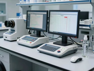 A clean, modern laboratory workbench with calibration equipment and digital monitors displaying occupational dose charts.