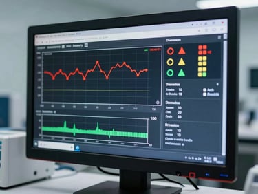 Macro shot of a high-resolution laboratory monitor displaying a clinical dosimetry dashboard with exposure graphs and safety alert indicators in clean sterile lighting
