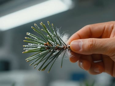 Macro shot of artificial pine needles and flocking material being bonded under cool factory light.