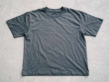 A flat-lay of a structured charcoal t-shirt laid out on a concrete surface, showing clean seams and a perfectly flat collar, soft overcast daylight, 35mm film grain