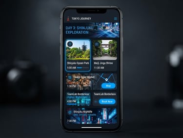 Sleek mobile app interface mockup showing a dynamic day-by-day itinerary of Tokyo, vibrant electric blue accents, dark mode UI, crisp studio lighting