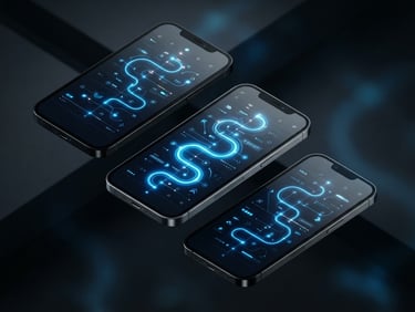 Isometric mobile mockups showing a dynamic timeline interface with electric blue glowing route lines and clean sans-serif typography, dark studio lighting, 35mm