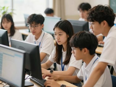 Bright classroom environment with high-school students collaborating around computer monitors, warm natural light, shallow depth of field, 35mm lens