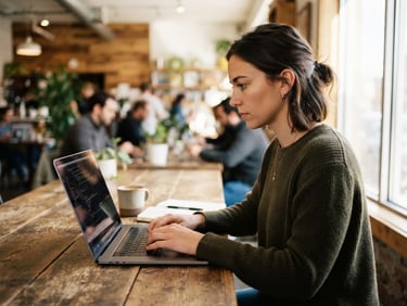 A sharp, high-contrast portrait of a young adult working on a modern laptop in a bright, daylight-filled community workspace, shallow depth of field, 35mm lens.