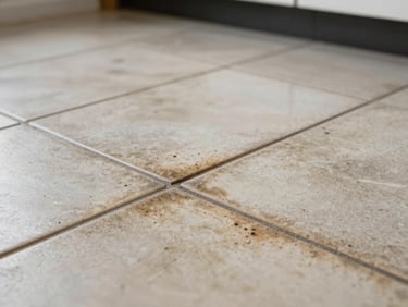 Heavily stained ceramic floor tiles in a kitchen with dark grout discoloration and surface grime, natural overhead light, medium tight shot, no people