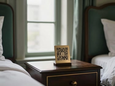 Elegant hotel room interior with a subtle QR code stand on the bedside table, soft natural window light, premium hospitality aesthetic, 35mm