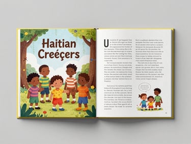 Overhead flat-lay of a Haitian Creole children's book cover and interior spread placed side by side on a pale gray surface, showing the same illustration from the English edition reframed within a right-adjusted text column, clean overhead studio lighting, no shadows
