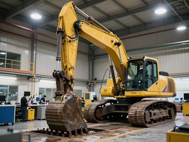 A Caterpillar excavator undergoing comprehensive mechanical servicing inside a highly organized, technical UAE maintenance facility, bright overhead industrial lighting.